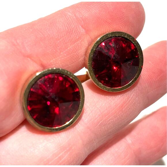 Vintage Mid Century Gold Cufflinks Red Tivoli Style Stones Signed West Germany - Picture 7 of 8